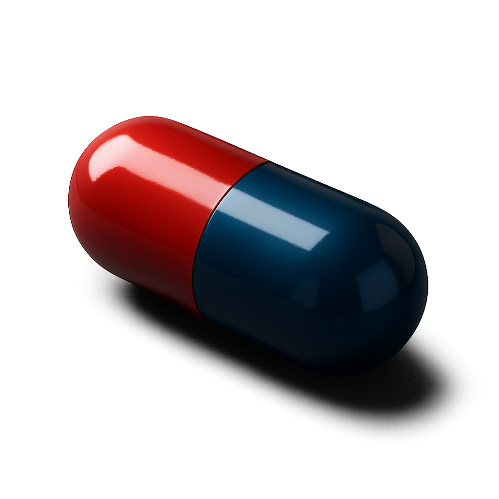 A red and blue pill separating art and business
